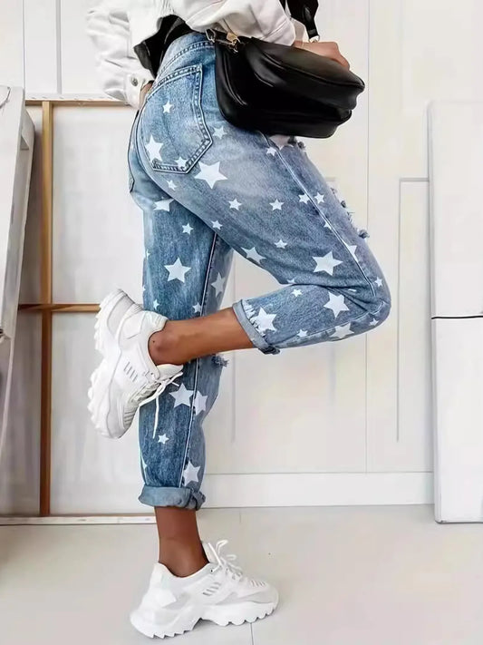 Star Print Distressed High Waist Boyfriend Jeans - Tigbul's Variety Fashion Shop
