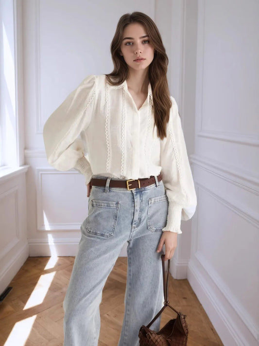 Collared Neck Lantern Sleeve Shirt - Tigbul's Variety Fashion Shop