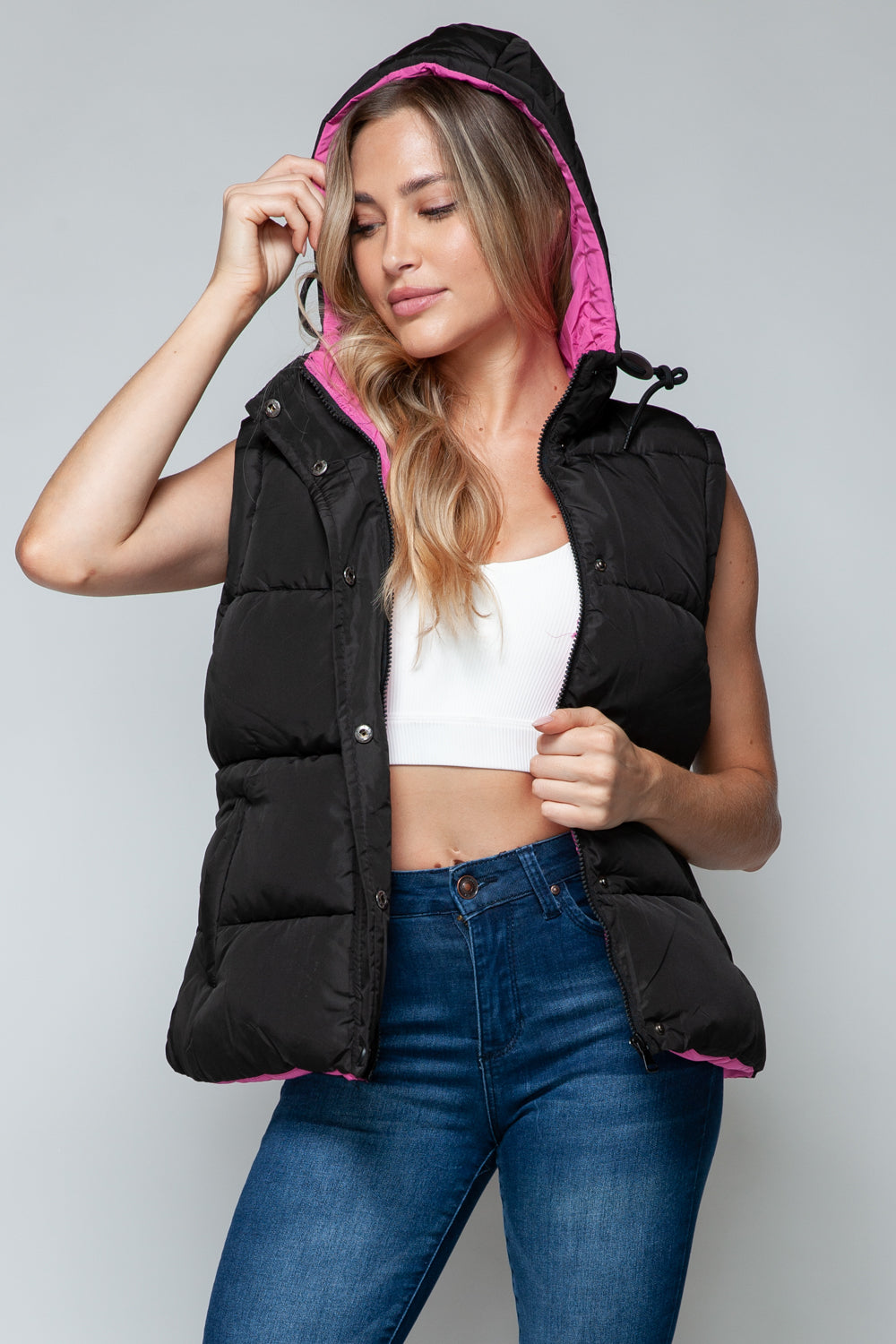 Snobbish Snap and Zip Closure Hooded Vest - Tigbul's Variety Fashion Shop