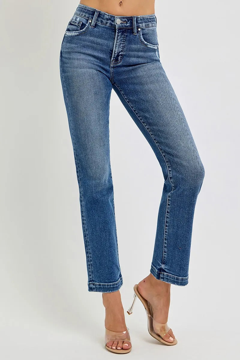 RISEN Full Size Tummy Control Elastic Band Mid Rise Straight Jeans Plus Size - Tigbul's Variety Fashion Shop