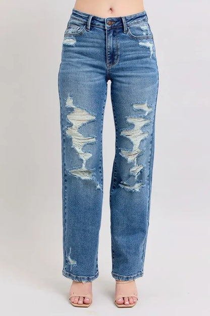 Judy Blue Full Size High Waist Heavy Destroy Straight Jeans Plus Size - Tigbul's Variety Fashion Shop