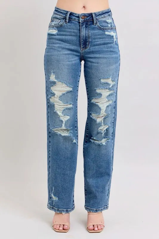 Judy Blue Full Size High Waist Heavy Destroy Straight Jeans Plus Size - Tigbul's Variety Fashion Shop