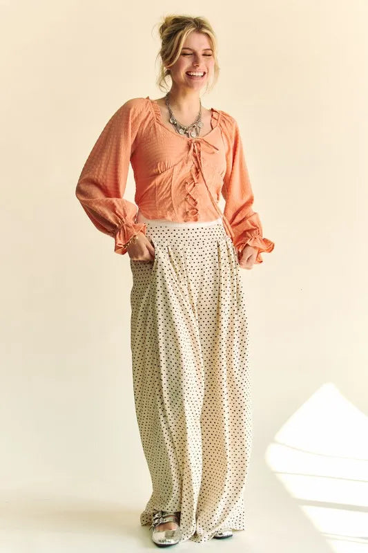 Peach Color Strap Front Corset Look Long Puff Sleeve Blouse - Tigbul's Variety Fashion Shop