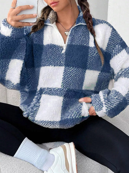 Full Size Plaid Sherpa Long Sleeve Sweatshirt Plus Size - Tigbul's Variety Fashion Shop