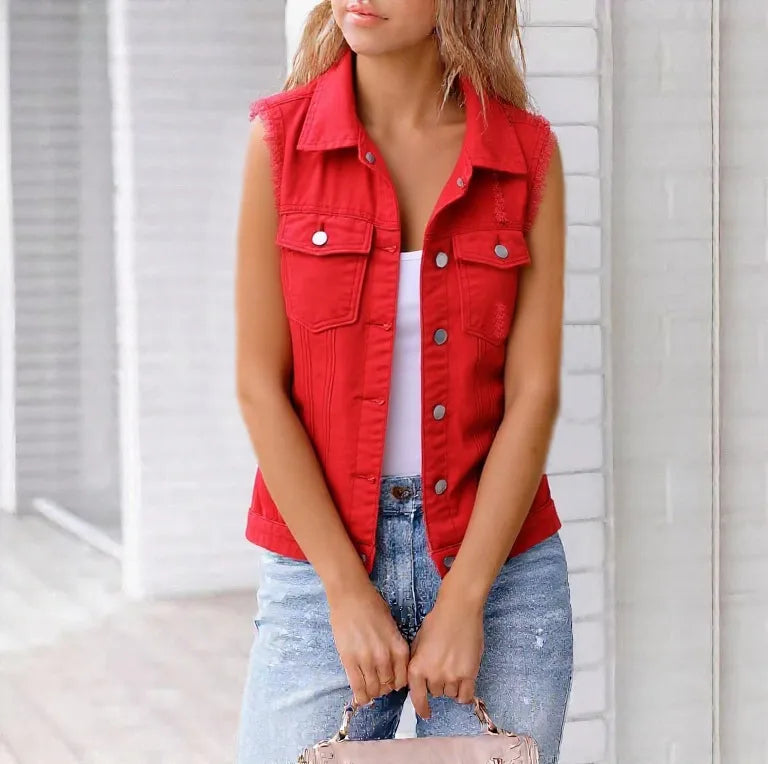 Full Size Sleeveless Frayed Denim Vest Jacket Plus Size - Tigbul's Variety Fashion Shop