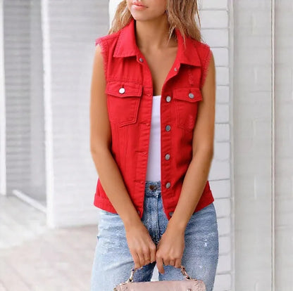 Full Size Sleeveless Frayed Denim Vest Jacket Plus Size - Tigbul's Variety Fashion Shop