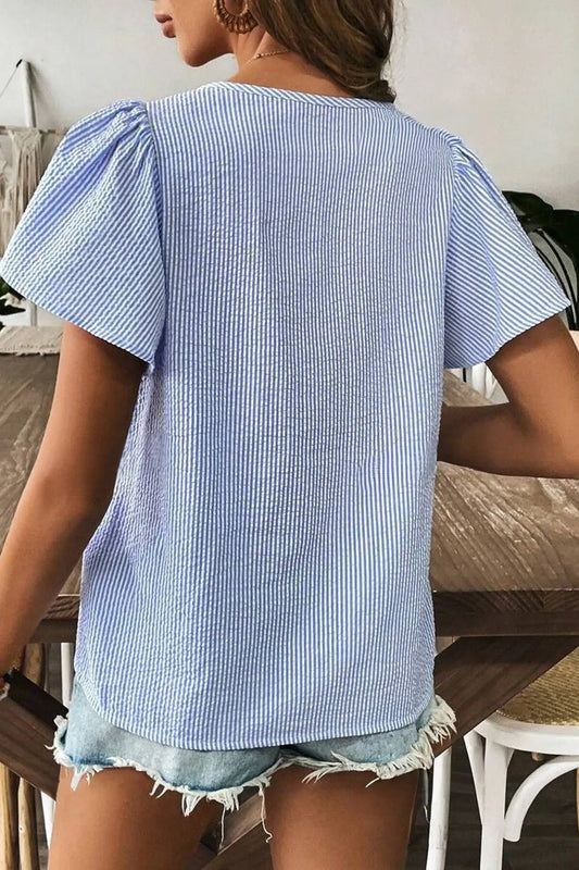 Stripe Textured Ruffle Short Sleeve Boho Detail Square Neck Blouse - Tigbul's Variety Fashion Shop