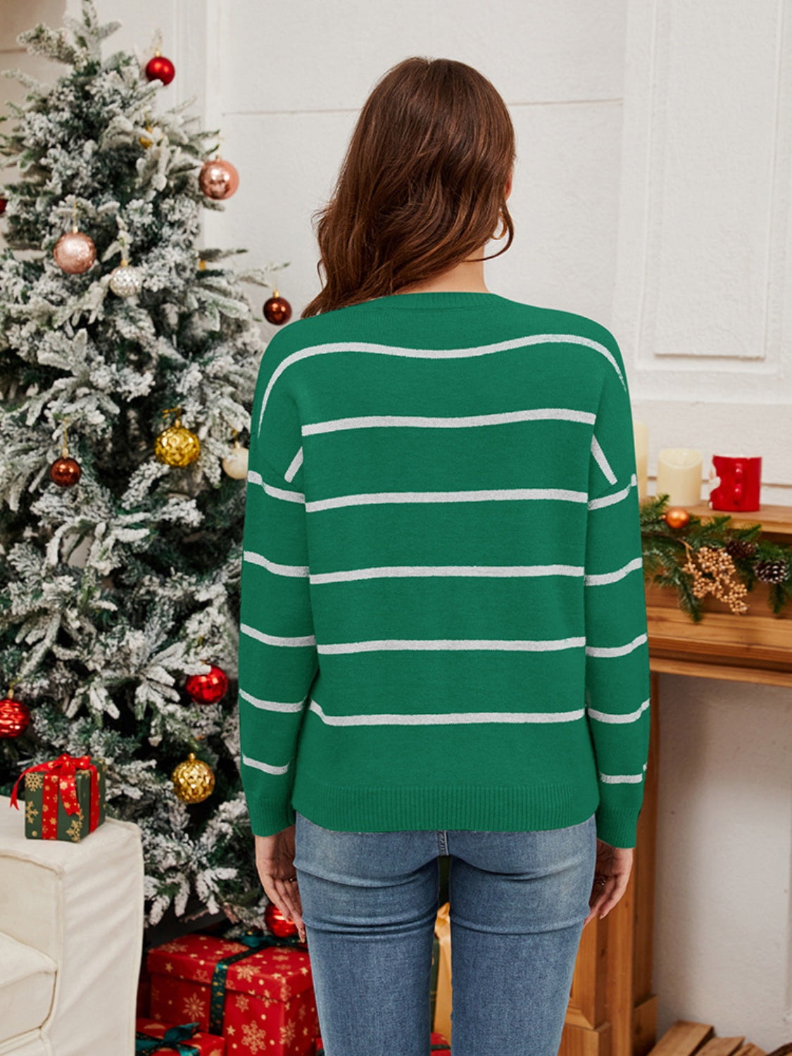 Sequin Santa Striped Round Neck Long Sleeve Sweater - Tigbul's Variety Fashion Shop