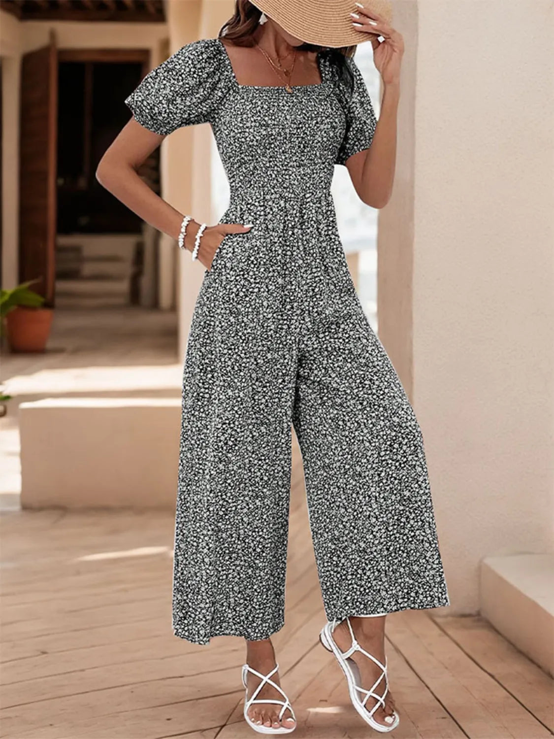 Printed Square Neck Puff Sleeve Jumpsuit - Tigbul's Variety Fashion Shop