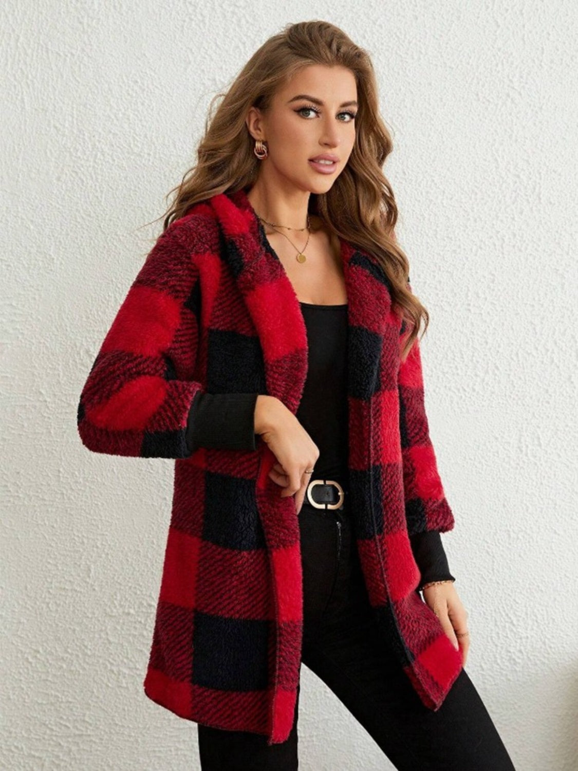 Plaid Long Sleeve Hooded Coat - Tigbul's Variety Fashion Shop