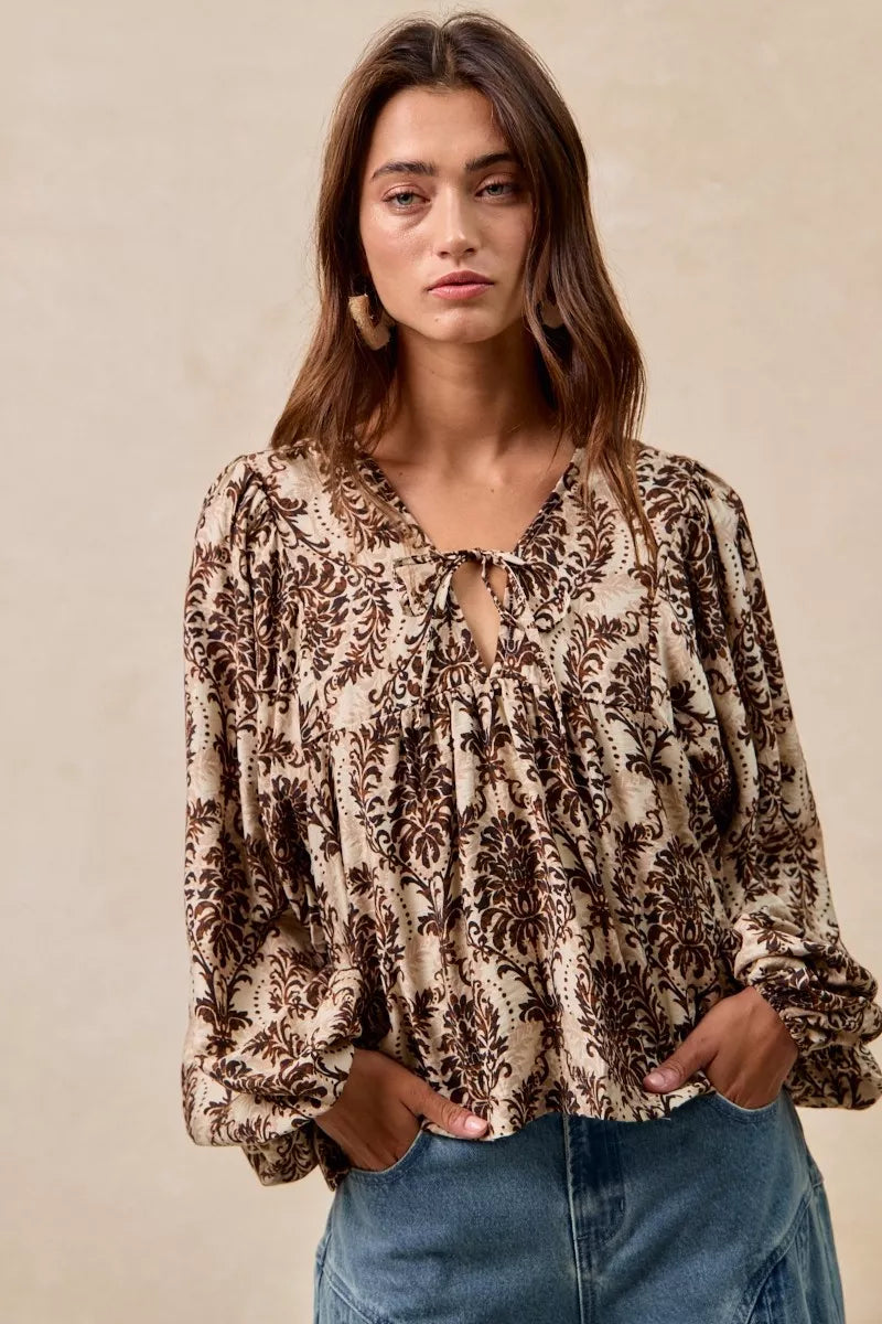BiBi Printed Woven Front Tied Blouse with Baloon Sleeve - Tigbul's Variety Fashion Shop