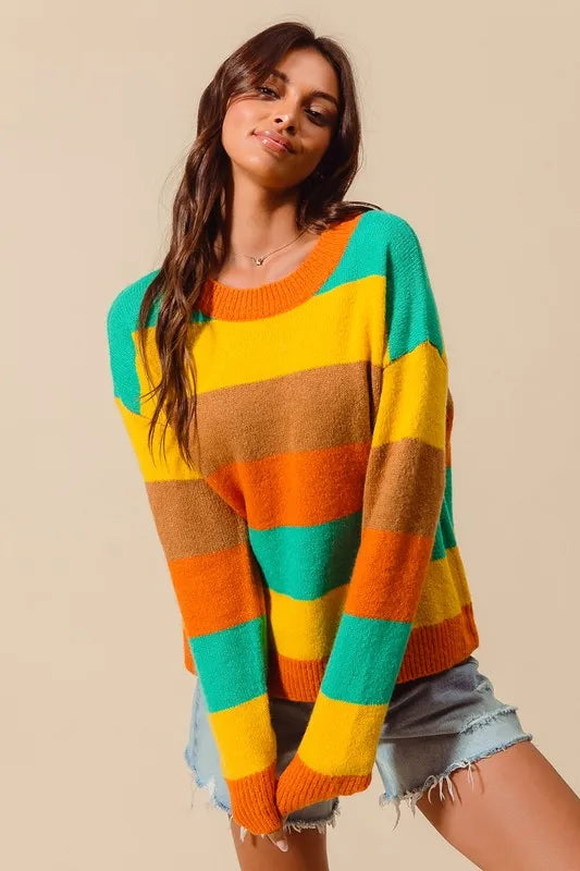SO ME Multi Color Stripe Sweater with Ribbed Detail - Tigbul's Variety Fashion Shop