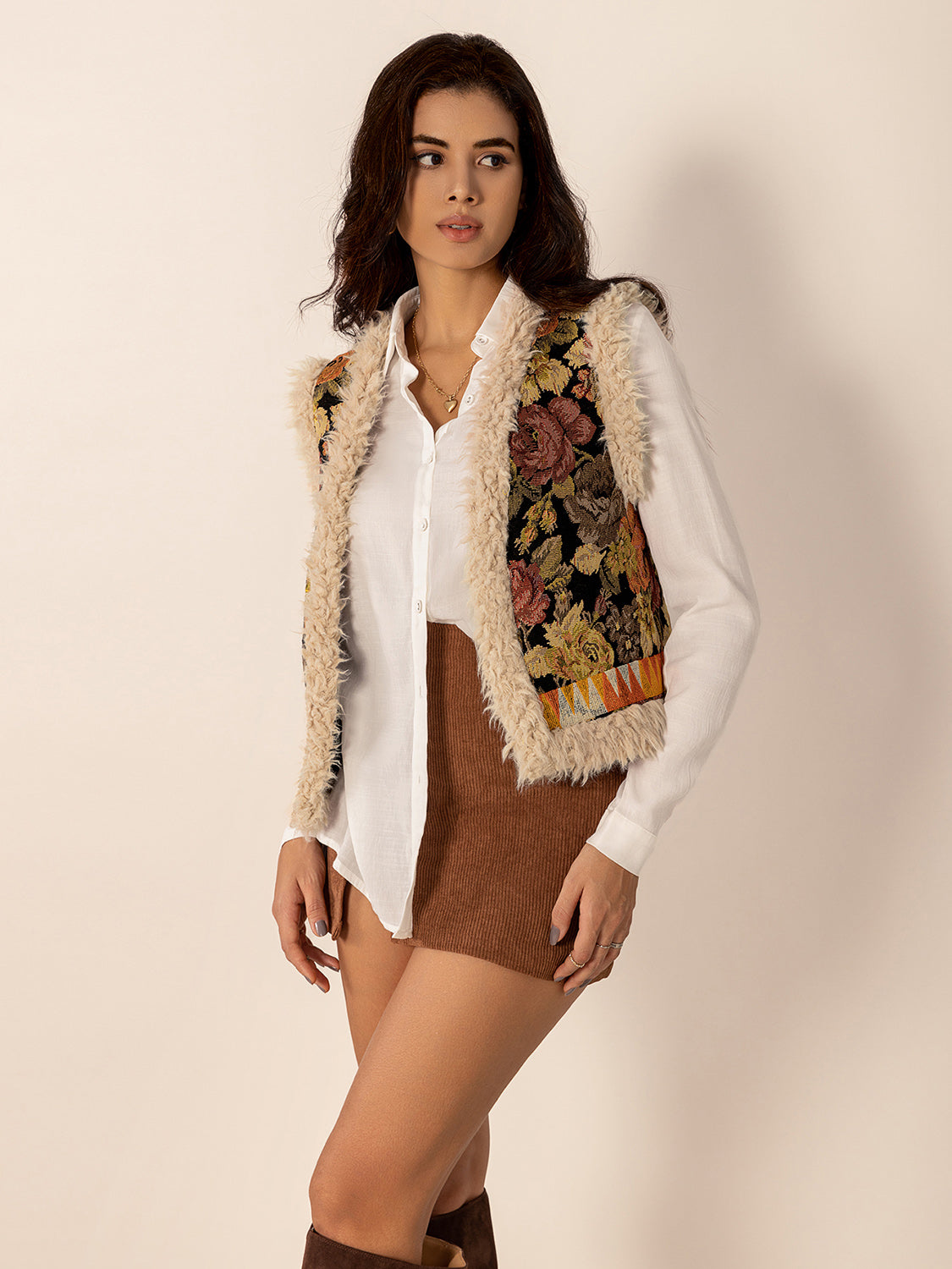 Embroidered Fuzzy Trim Open Front Vest Coat - Tigbul's Variety Fashion Shop