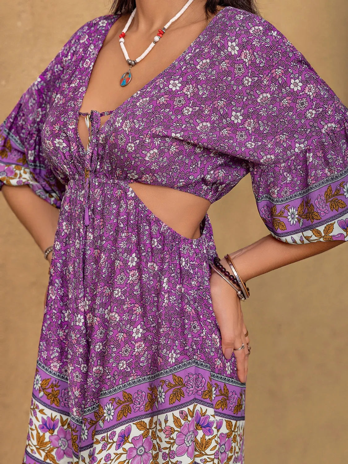 Tied Front Cutout Printed Romper - Tigbul's Variety Fashion Shop