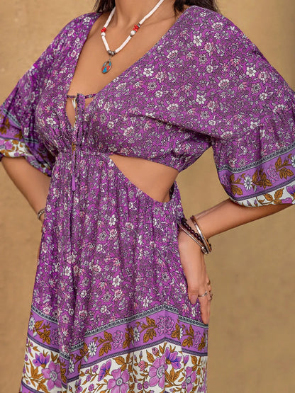 Tied Front Cutout Printed Romper - Tigbul's Variety Fashion Shop