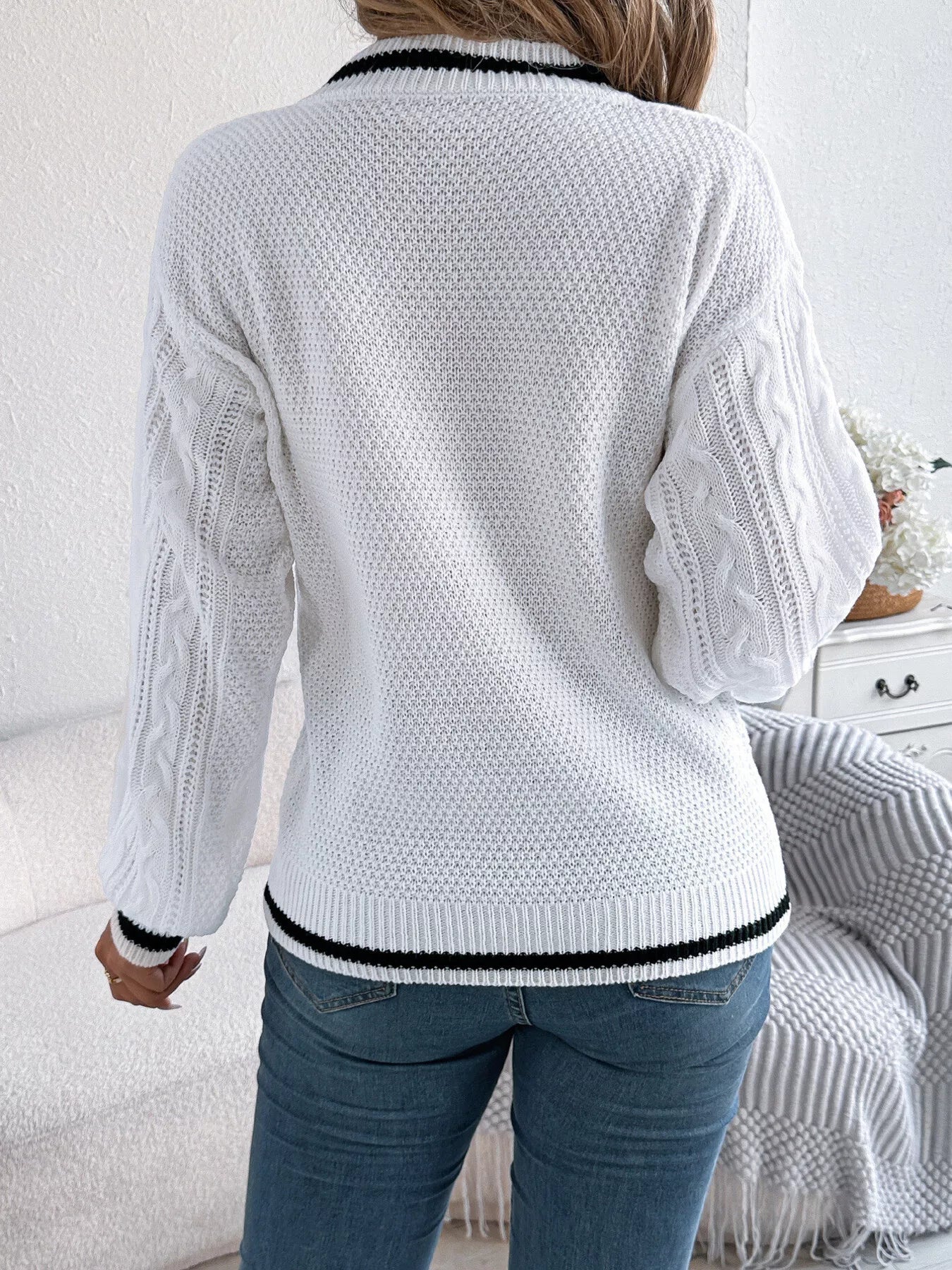 Cable Knit V-Neck Long Sleeve Sweater - Tigbul's Variety Fashion Shop