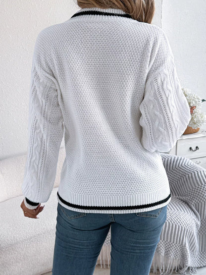 Cable Knit V-Neck Long Sleeve Sweater - Tigbul's Variety Fashion Shop