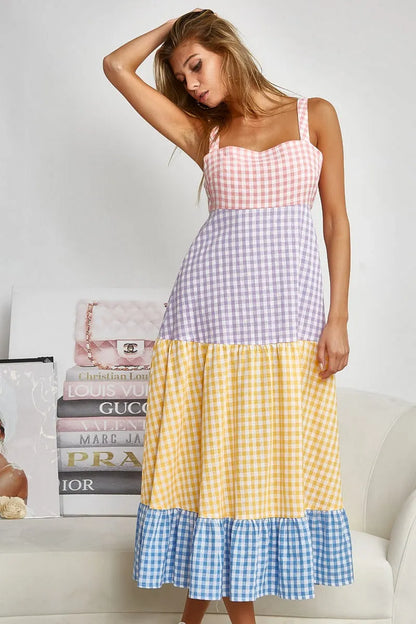 Color Block Tiered Gingham Dress - Tigbul's Variety Fashion Shop
