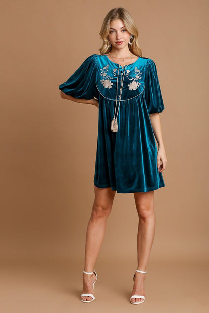 Umgee Embroidered Half Sleeve Velvet Mini Dress with Tassel - Tigbul's Variety Fashion Shop