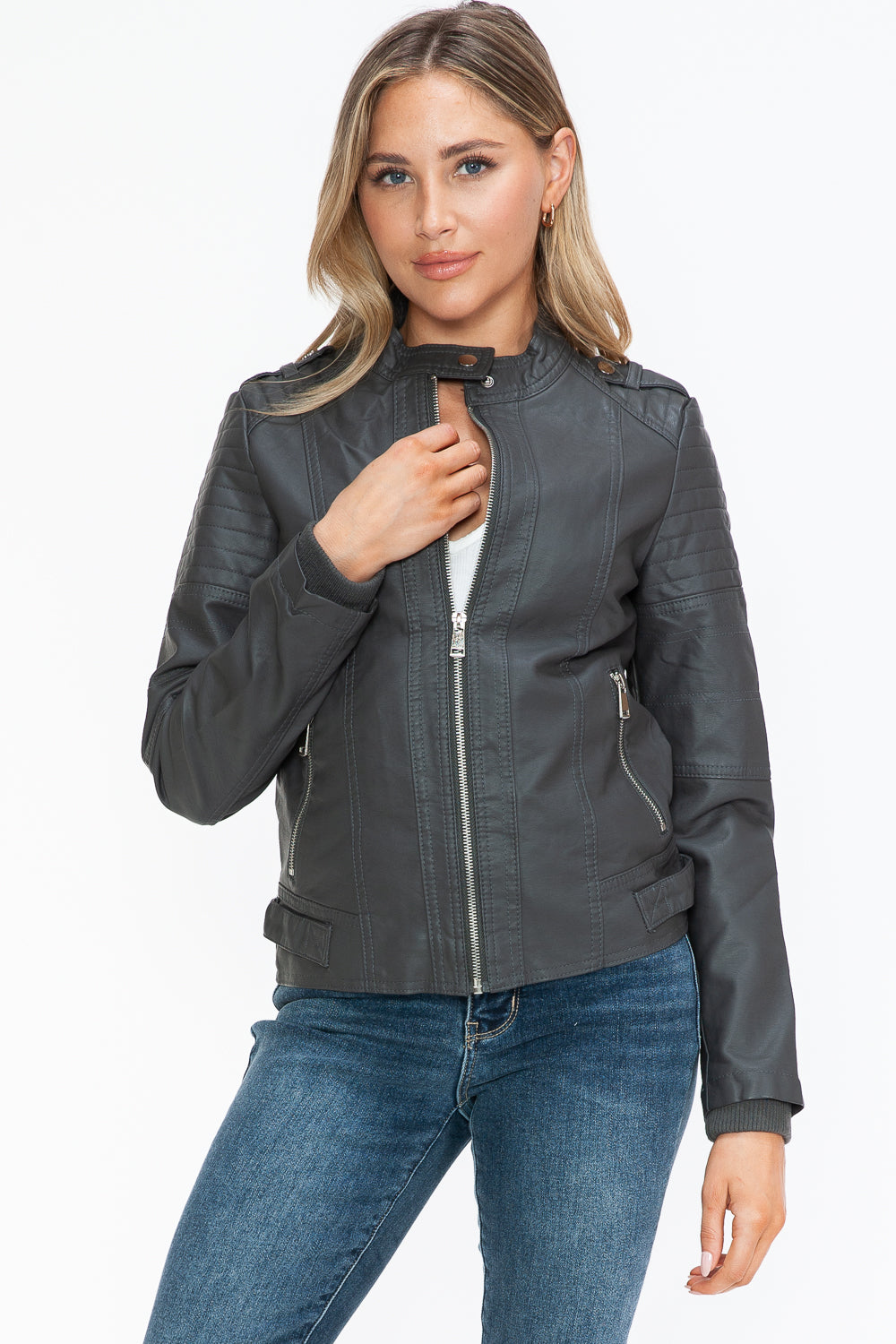 Charcoal PU Leather Biker Jacket with Side Zip Pockets