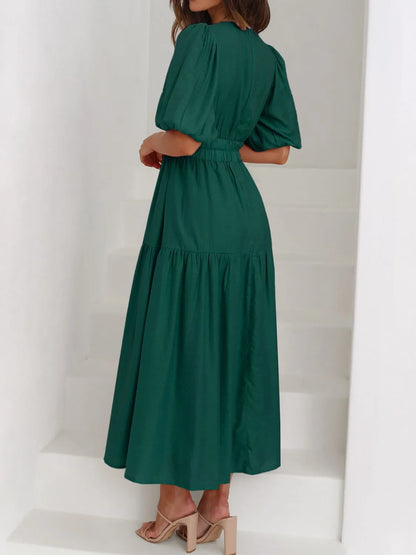 V-Neck Puff Sleeve Midi Dress - Tigbul's Variety Fashion Shop