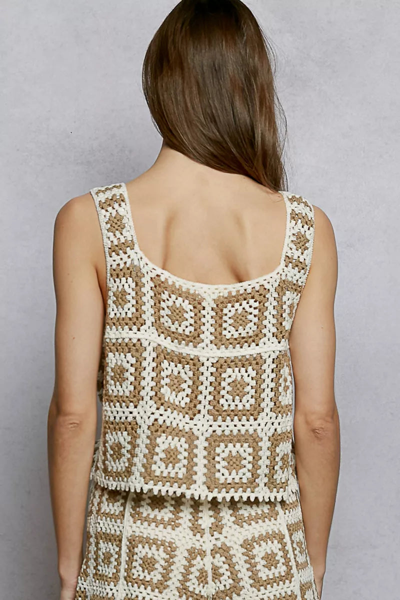 POL Openwork Square Neck Cropped Crochet Tank with Granny Square Weave - Tigbul's Variety Fashion Shop