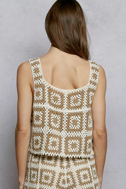 POL Openwork Square Neck Cropped Crochet Tank with Granny Square Weave - Tigbul's Variety Fashion Shop