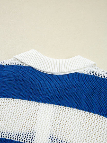 Stripe Colorblock Polo Collar Crochet Knitted Cover Up - Tigbul's Variety Fashion Shop