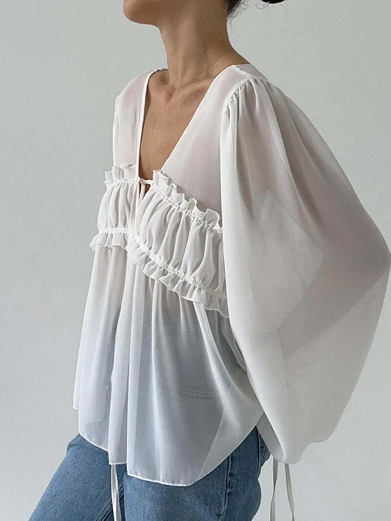 Ruffled Tie Front Long Sleeve Blouse - Tigbul's Variety Fashion Shop