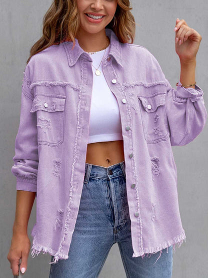 Distressed Drop Shoulder Denim Jacket - Tigbul's Variety Fashion Shop