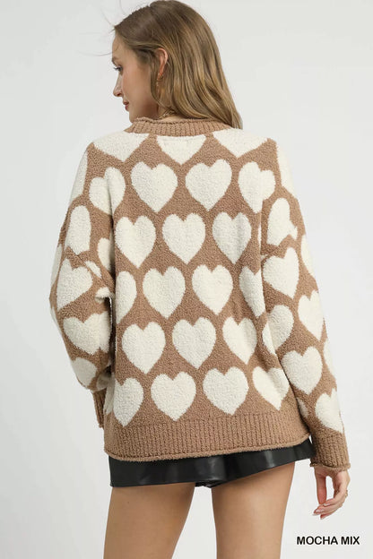 Umgee Mix Heart Pattern Pearl Accent Sweater - Tigbul's Variety Fashion Shop