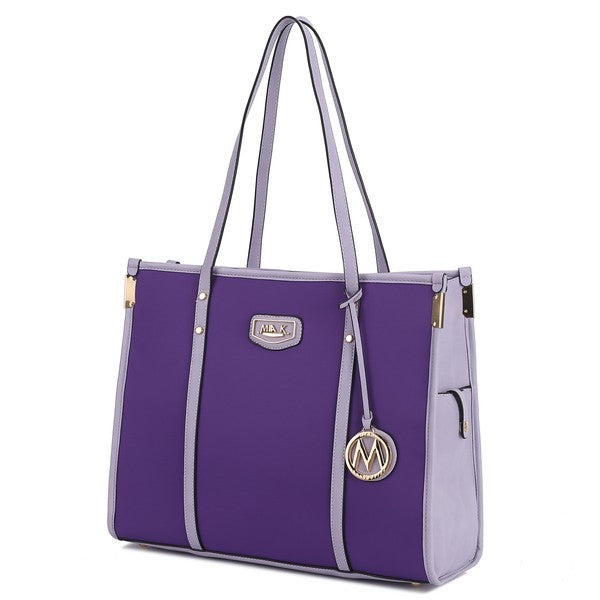 Oversize tote in lavender purple with light trim, long handles, and M logo charm