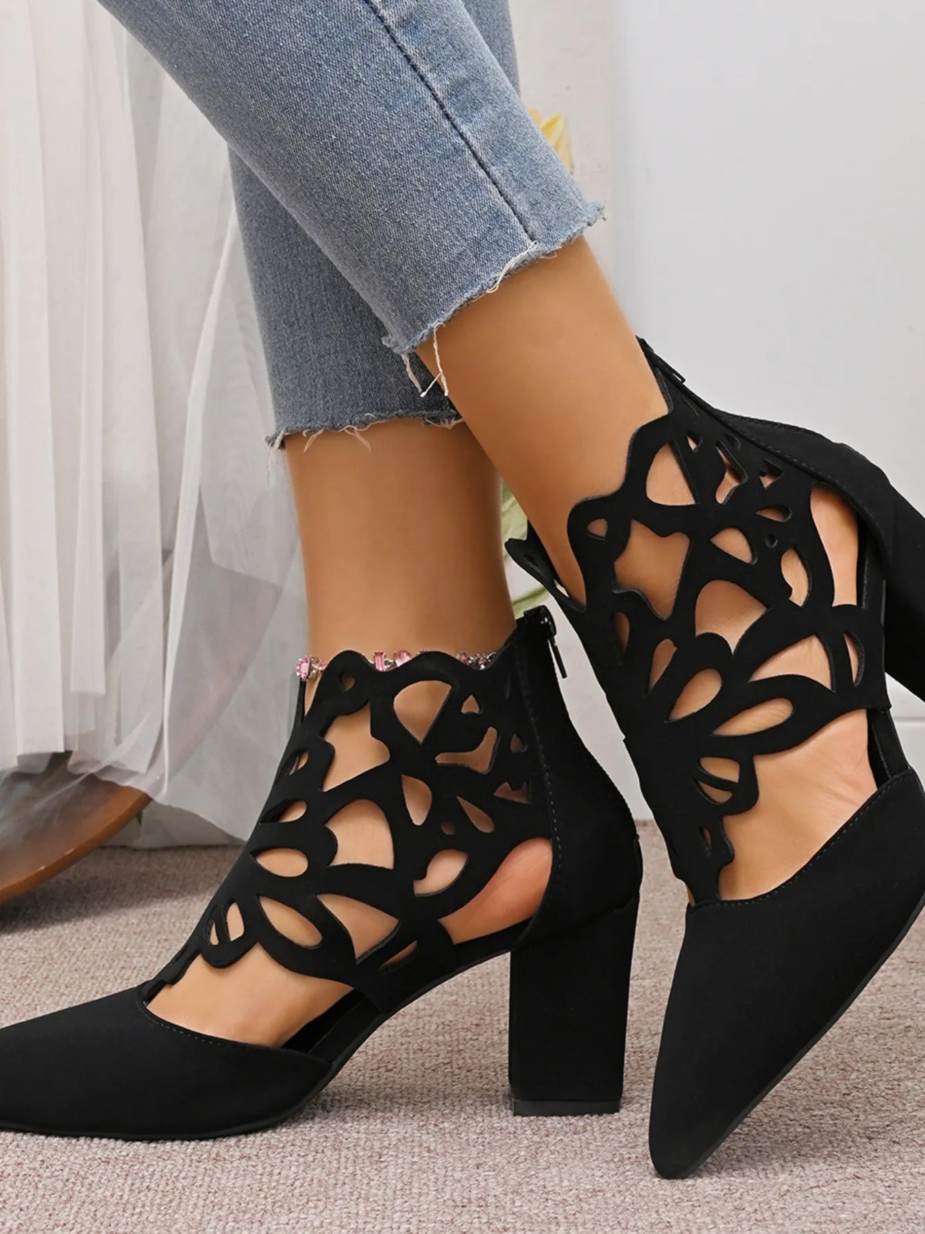 Pointed Toe Cut-Out Block Heel Pumps - Tigbul's Variety Fashion Shop
