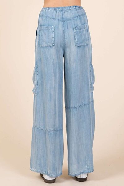 Blue Washed Elastic Waist Cargo Wide Leg Pants - Tigbul's Variety Fashion Shop