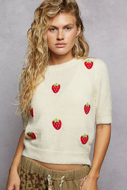 POL Round Neck Strawberry Patch Sweater with Shirring Shoulder - Tigbul's Variety Fashion Shop