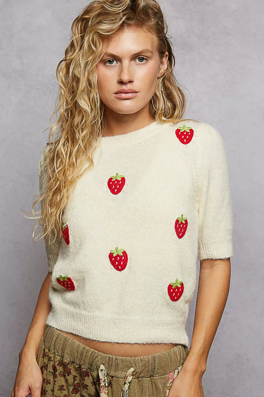 POL Round Neck Strawberry Patch Sweater with Shirring Shoulder - Tigbul's Variety Fashion Shop