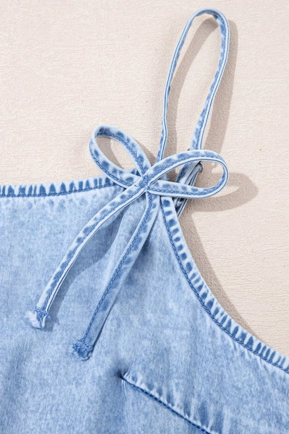 Bow Detail Spaghetti Straps Ruffle Hem Blue Denim Dress - Tigbul's Variety Fashion Shop