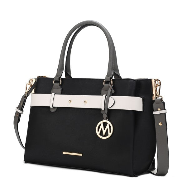 Black Jamie satchel bag with white front strap and gold-tone M logo charm, one size