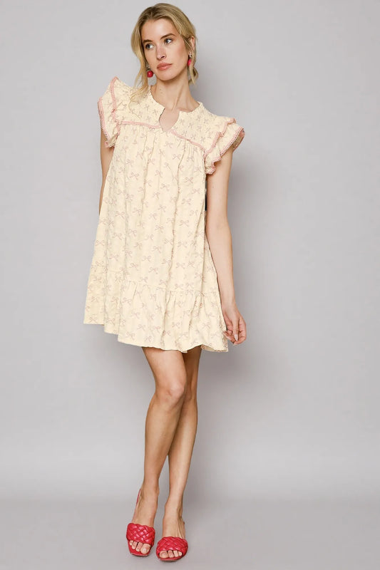 Umgee Bow Print Ruffled Cap Sleeve Mini Dress - Tigbul's Variety Fashion Shop