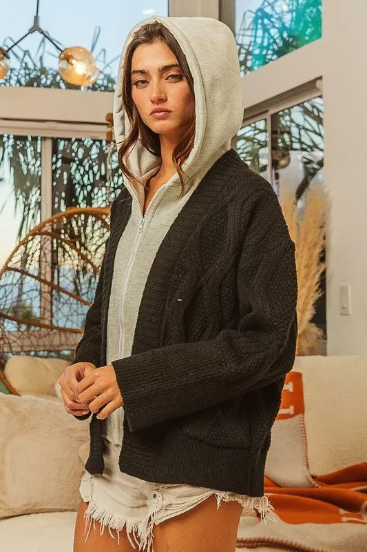 Knit Hoodie Rhombus Black/Gray Sweater Jacket | Tigbuls Variety