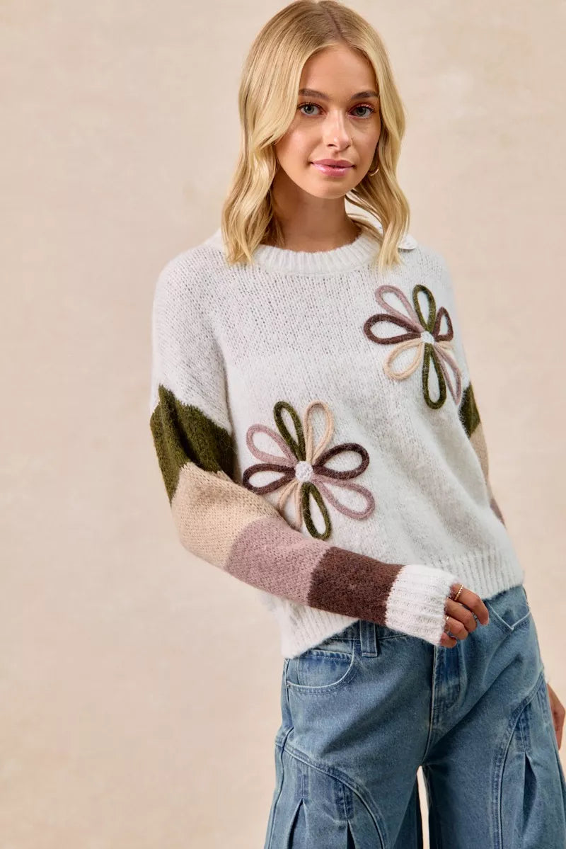 BiBi Flower Color Block Sweater - Tigbul's Variety Fashion Shop