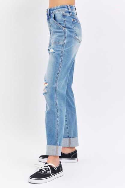 Judy Blue Full Size Distressed Straight Jeans with Patch Pockets - Tigbul's Variety Fashion Shop