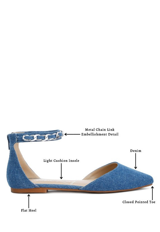 Buqisi Denim Blue Chain Embellished Flat Sandals - Tigbul's Variety Fashion Shop