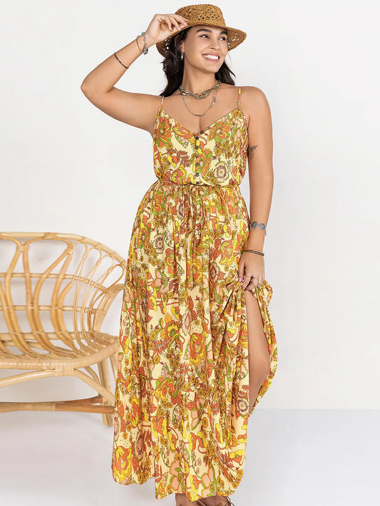 Plus Size Printed V-Neck Maxi Cami Dress - Tigbul's Variety Fashion Shop