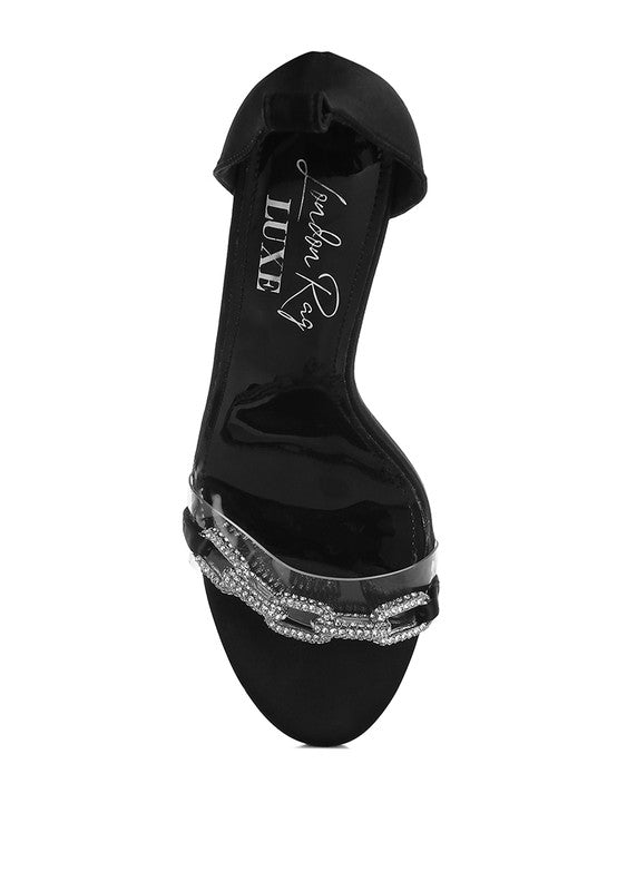 Black rhinestone slip-on sandal with jeweled toe strap and stiletto heel