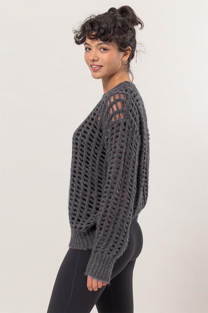 HYFVE Openwork Round Neck Long Sleeve Knit Cover Up - Tigbul's Variety Fashion Shop