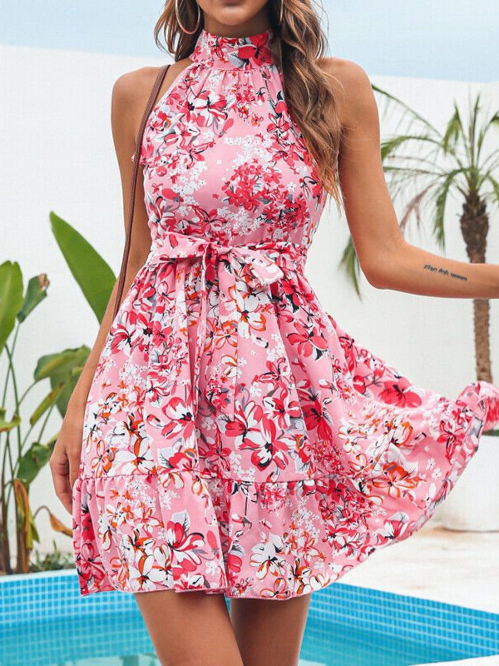 Floral Halter Neck Mini Dress (Pink) with tied waist and tiered skirt