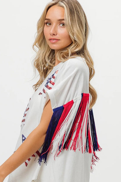 American Flag Sequin Star Fringe Top - Tigbul's Variety Fashion Shop