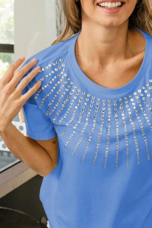 Rhinestone Beaded Short Sleeve Top - Tigbul's Variety Fashion Shop