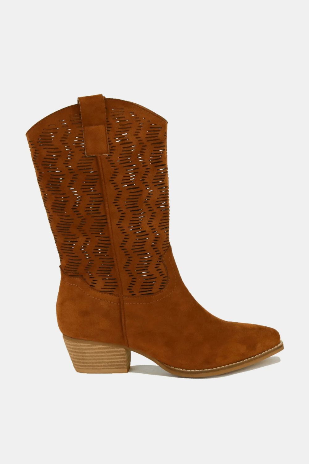 Brown Faux Suede Laser Cut Detail Block Heel Boots - Tigbul's Variety Fashion Shop